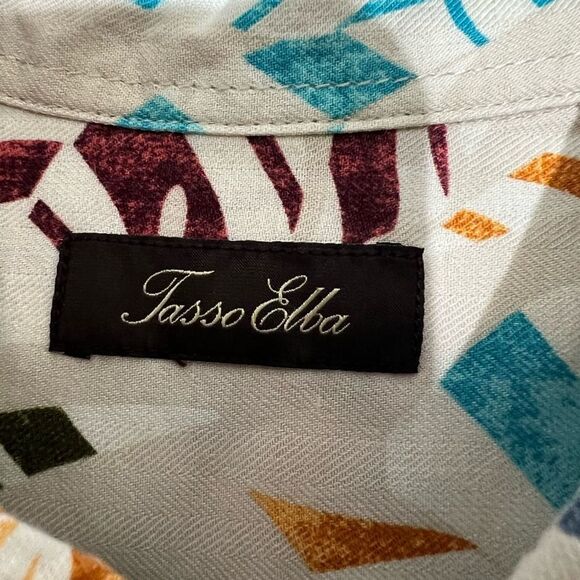 Tasso Elba Mens Button Up Leaf Shirt Tan Multicolor Short Sleeve Silk Blend - Picture 4 of 8